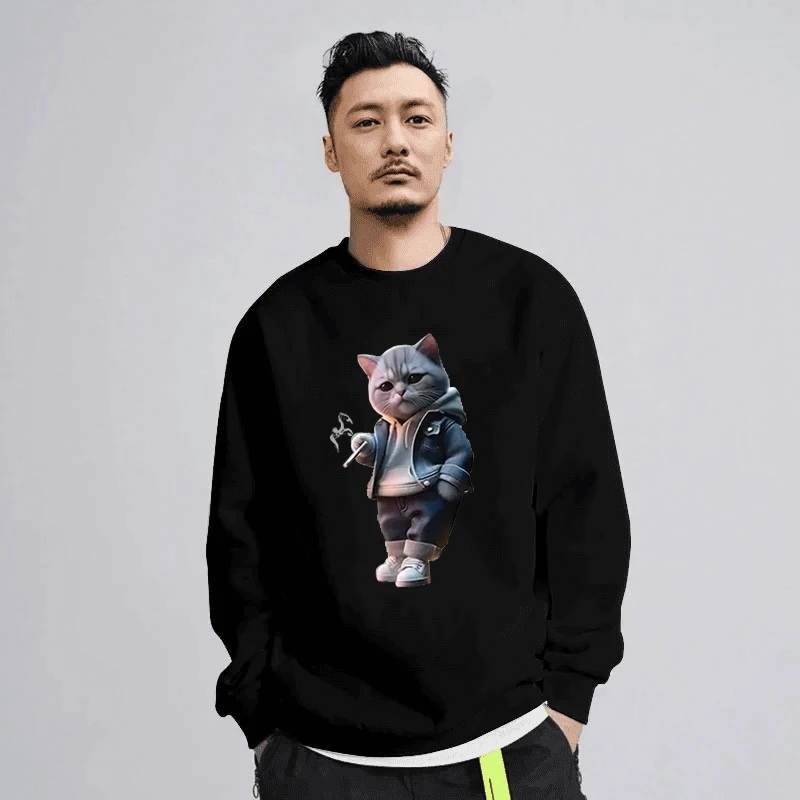 仓石一树黑色加绒男春秋冬卫衣宽松百搭个性抽烟小猫印花圆领上衣
