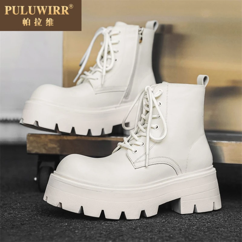 马丁靴男款白色厚底增高中筒机车短靴子男士高筒英伦工装大头皮鞋