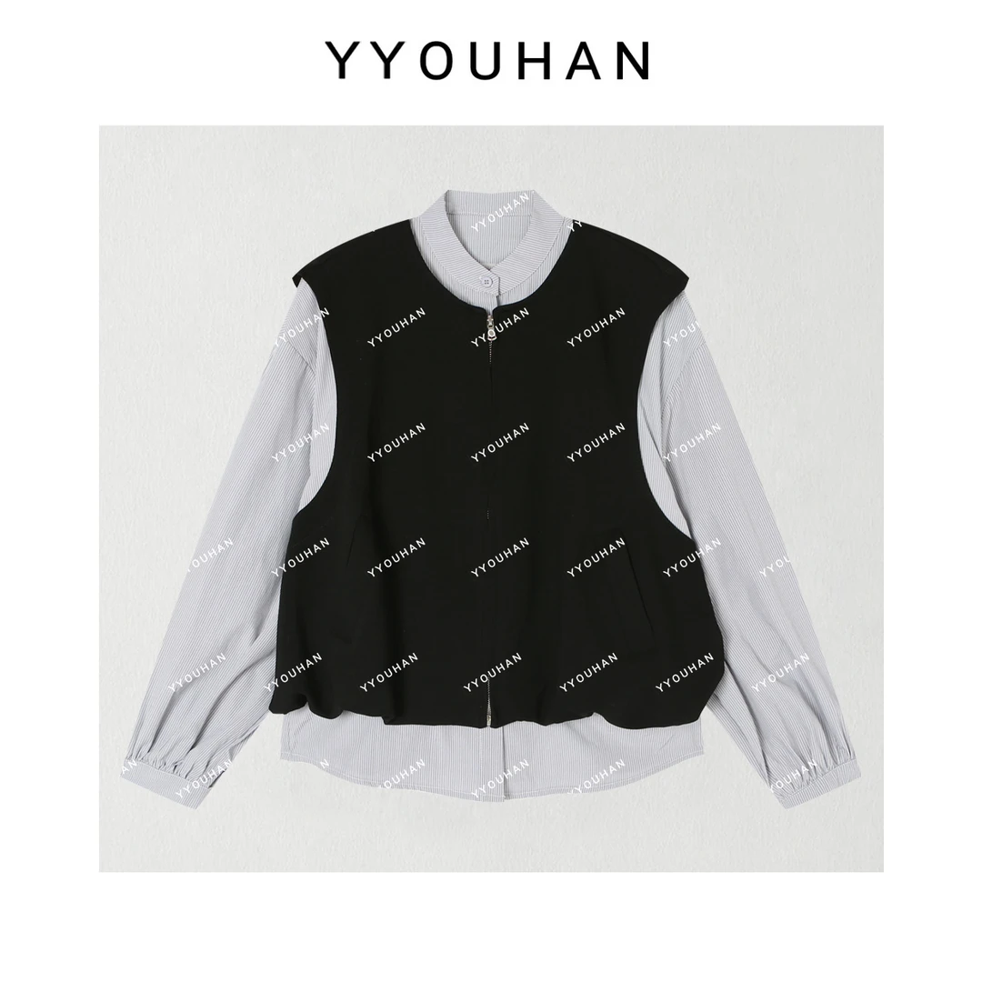 YYOUHAN 2025新款小众设计假两件马甲竖纹衬衫两件套 2508C4293