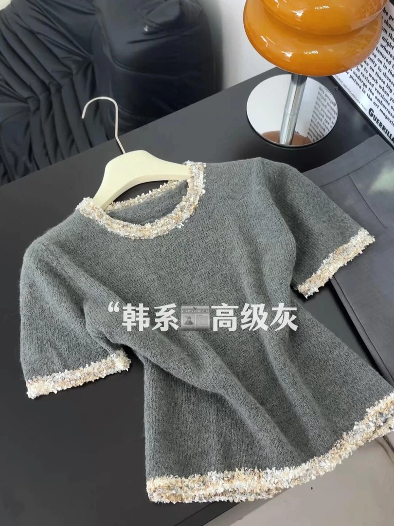 超韩系高级灰花纱编织短袖针织T恤衫女夏季新款时尚小众别致上衣