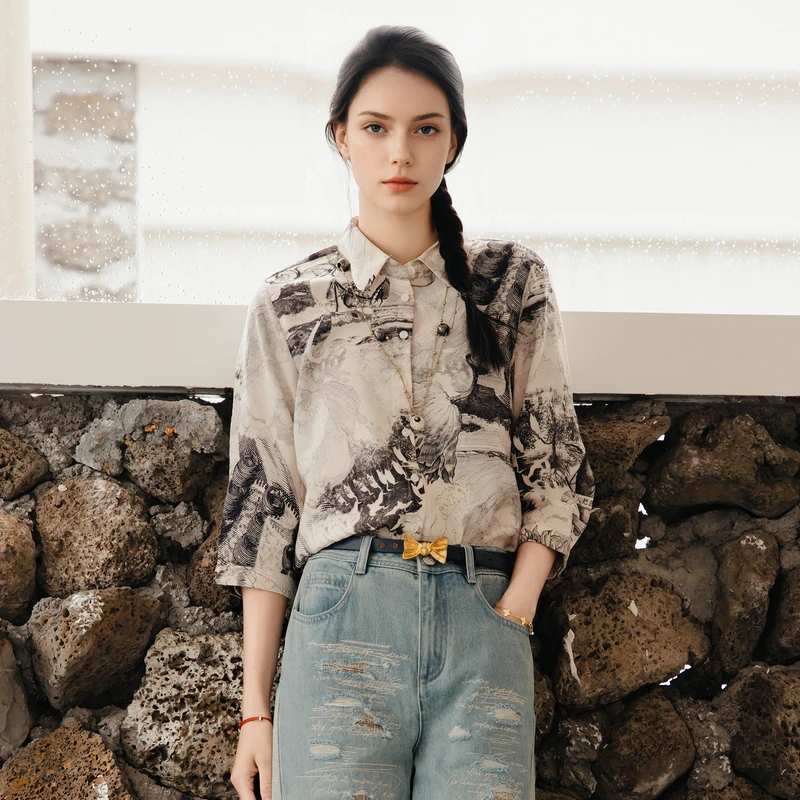 谜底花色衬衫七分袖女2025夏季新款复古风合体百搭衬衣256MC6220