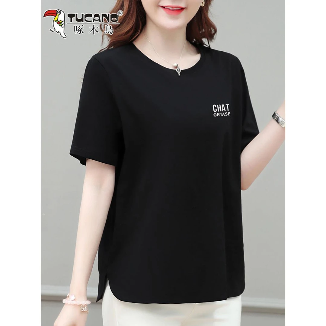 啄木鸟大码纯棉t恤女2025年百搭中年胖妈妈宽松遮肚洋气上衣T