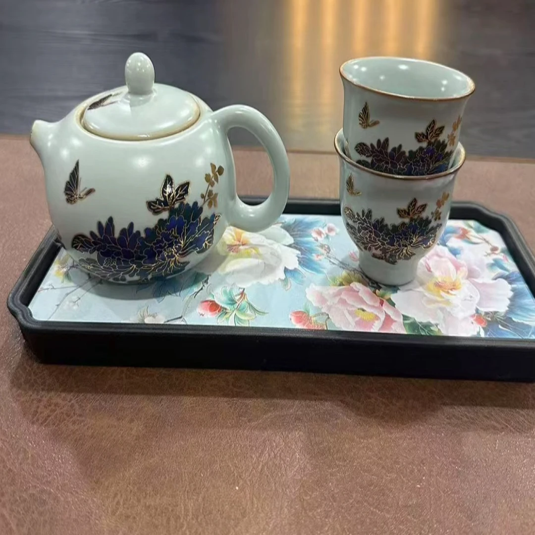 遇水变色牡丹一壶二杯+茶盘家用茶具DF3898