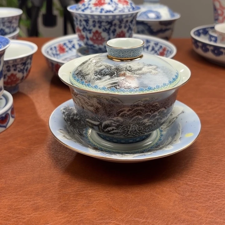 盖碗山水雪景三才景德镇发货