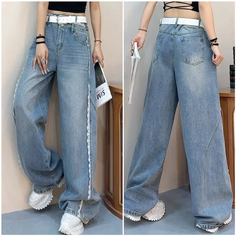 春季蕾丝花边直筒牛仔裤女裤2025新款宽松显瘦小个子休闲裤-6210