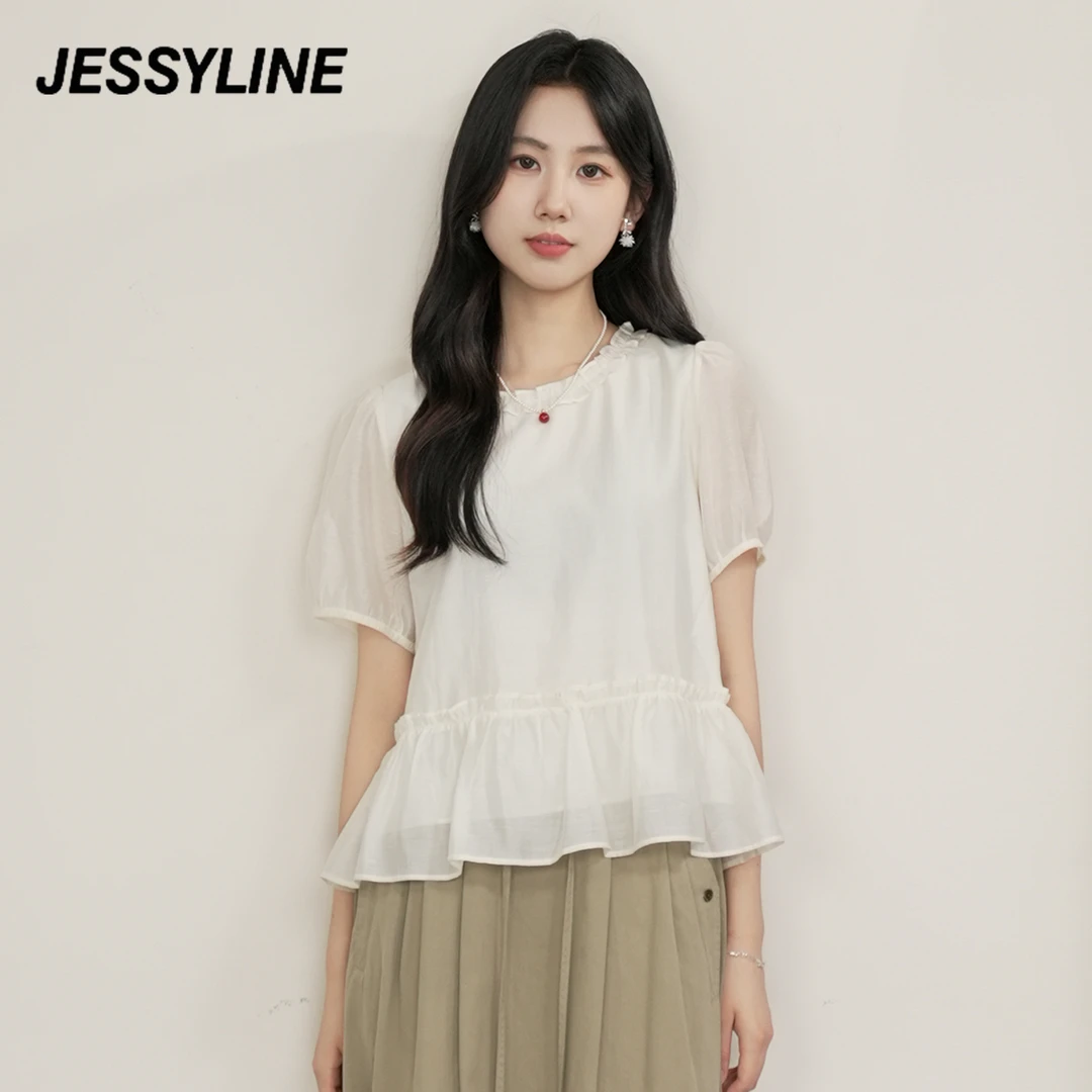 jessyline 2025夏季新款 杰茜莱纯色衬衫小衫短袖优雅气质千金风