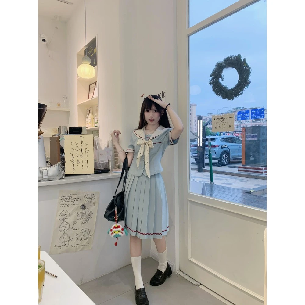 lulu小薄荷jk制服收腰水手服女薄荷蓝夏季日系学院风短袖套装