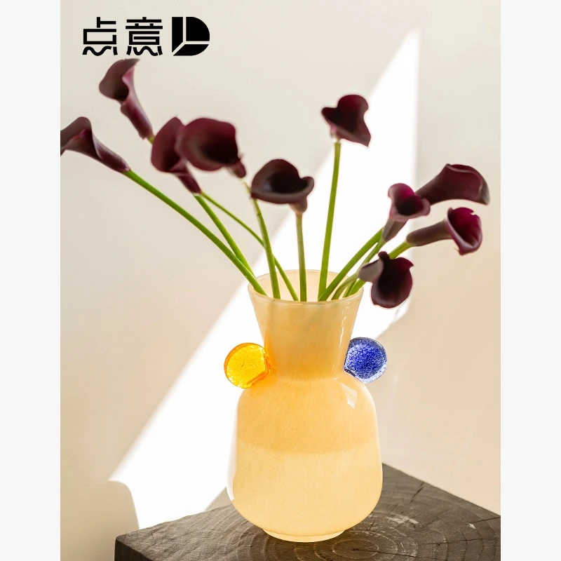 糖饼双耳撞色拼接时尚花瓶琉璃ins风创意奶油黄彩色手工小口台面