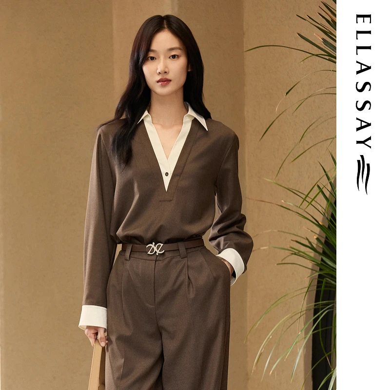 ELLASSAY歌力思2025秋季新款绵羊毛V领拼接衬衫女EWB363C01100