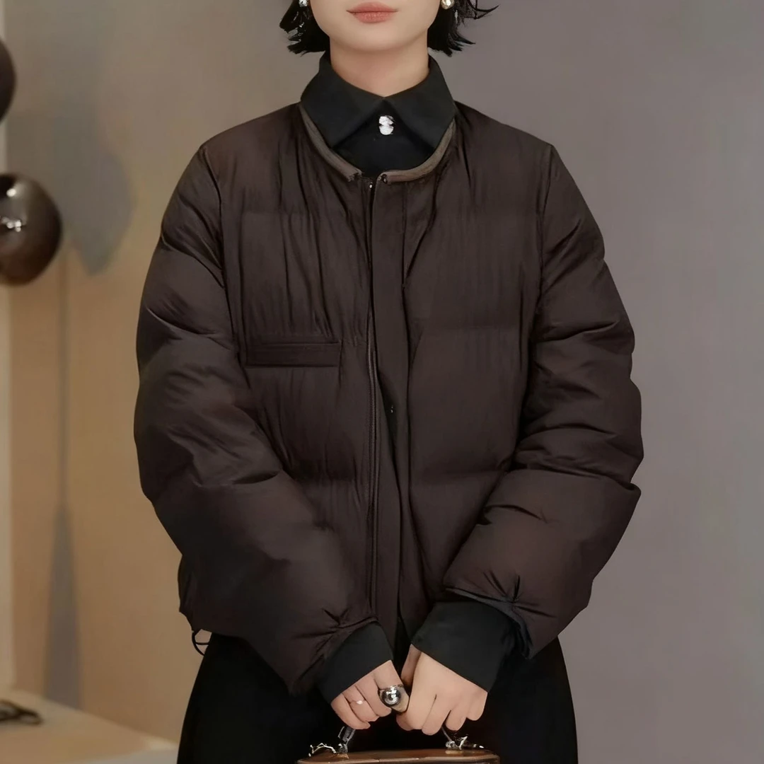 2025秋冬新款加棉保暖长袖韩系宽松极简风圆领纯色百搭棉衣外套女