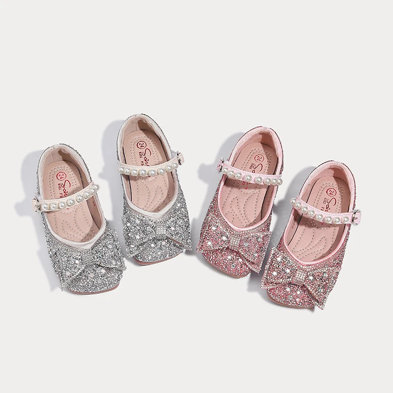 女童小皮鞋2025年春季新款小女孩软底水晶公主鞋女童蝴蝶结单鞋