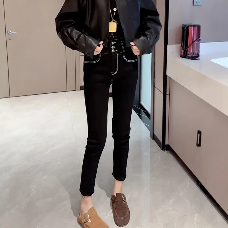 大码女装复古明线设计小脚牛仔裤女2025秋季新款修身九分铅笔裤子
