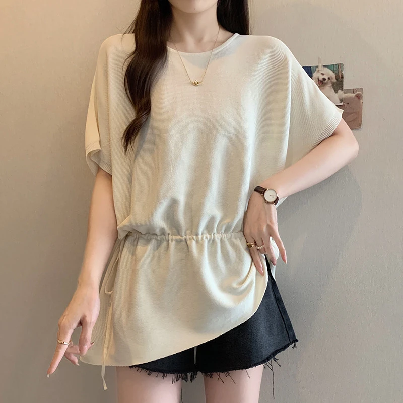 不规则抽绳蝙蝠袖冰丝针织衫女夏季新款设计感宽松显瘦休闲风上衣