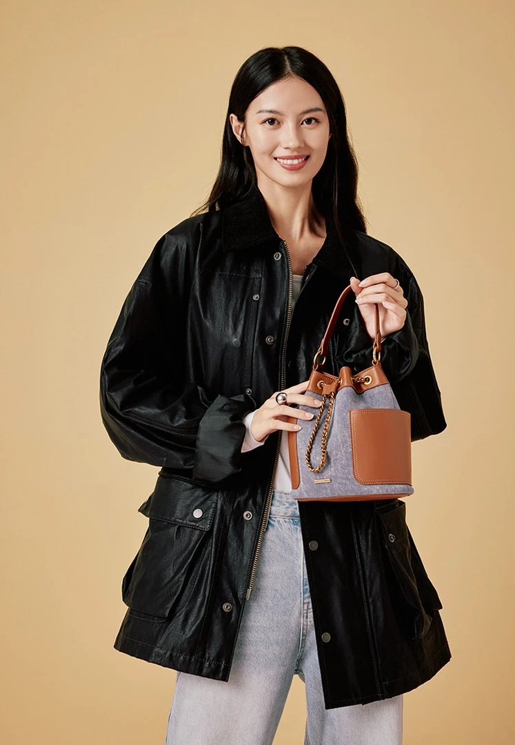 HONGU/红谷复古抽绳撞色拼色单肩手提包