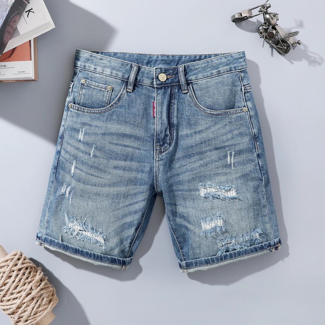 夏季薄款软牛仔裤男士短裤猫须破洞个性怀旧深蓝弹力修身五分中裤