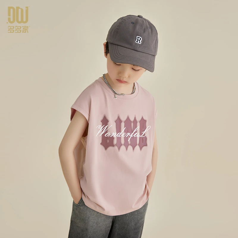 多多家6377【呼吸棉.背心】 中大童前片模糊字体印花背心儿童