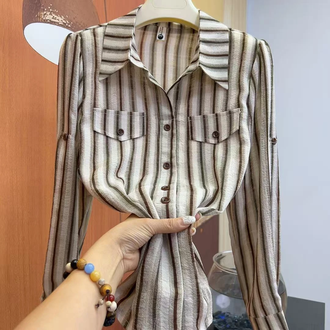 褶皱竖纹假口袋可变袖大码2025年夏季新款妈妈九分袖套头雪纺衬衫