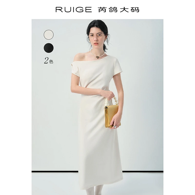 芮鸽微胖定制黑色斜肩连衣裙短袖长裙夏收腰微胖mm显瘦裙子0134SQ