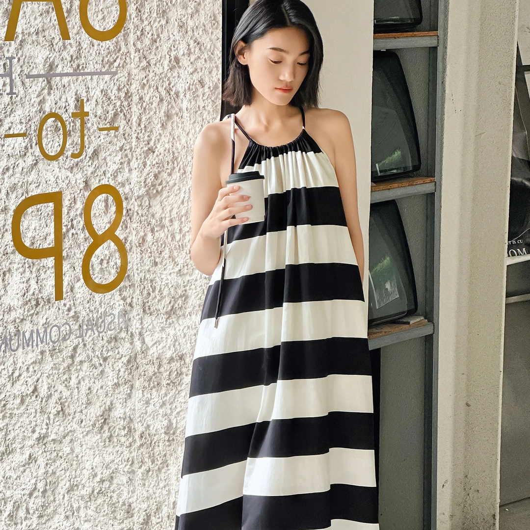 COVER2024夏季休闲A型宽条系带丝棉连衣裙CC34205140