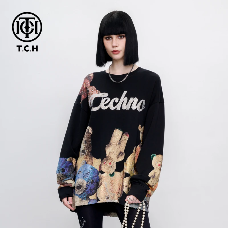 TCH轻奢烫钻卡通小熊宽松潮酷休闲长袖T恤情侣T75A086062tch