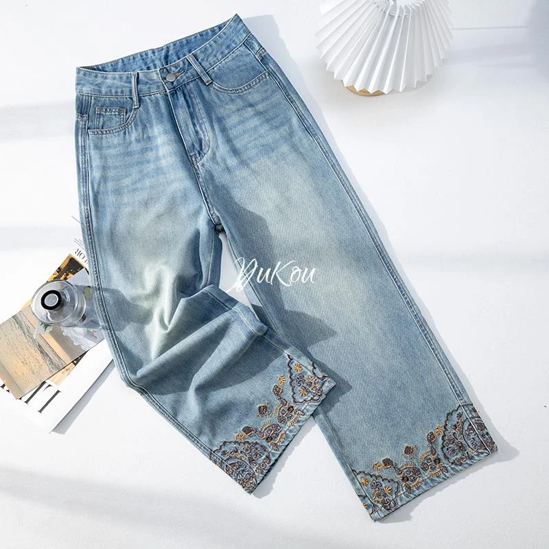 国风刺绣直筒牛仔裤女2025年夏季薄款高腰显瘦烟管裤八九分小个子