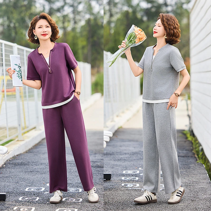 时尚妈妈装V领短袖套装2025夏季新品中老年女装两件套简约宽松