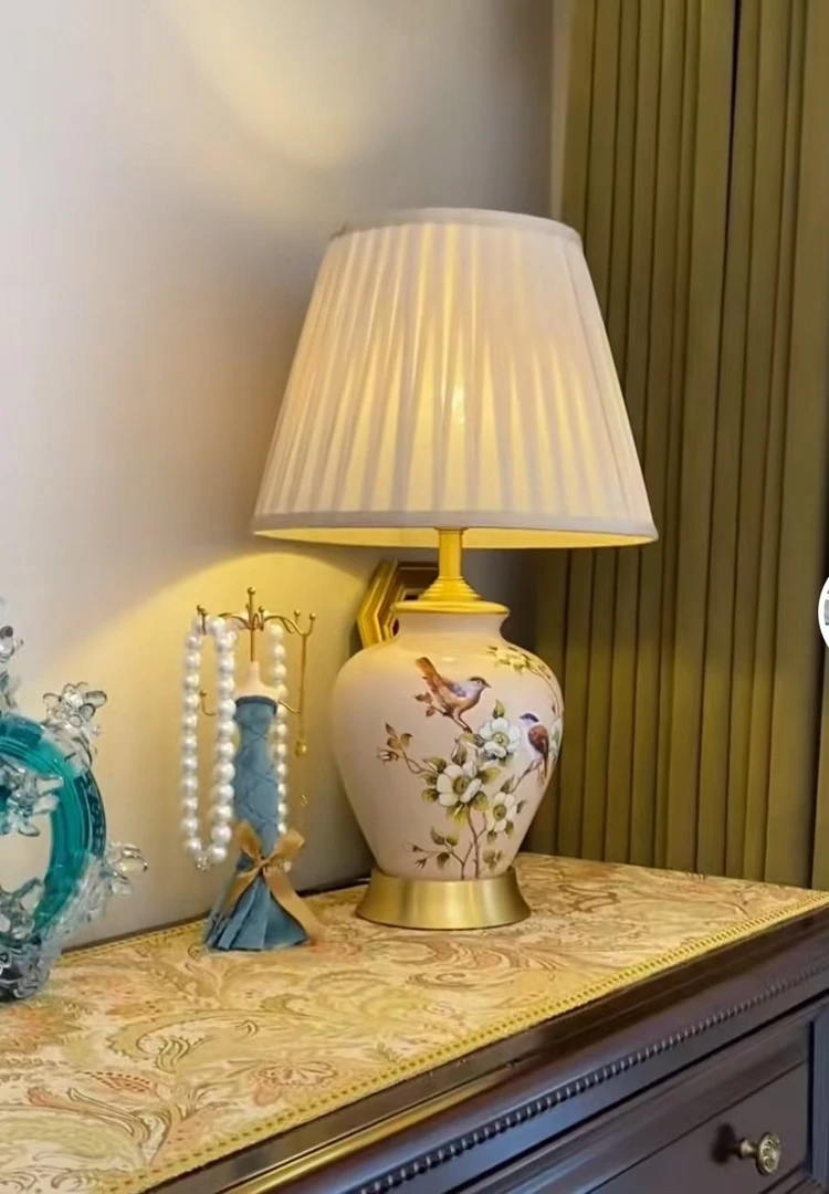 全铜美式客厅陶瓷台灯新中式卧室床头灯复古欧式书房网红款床头灯