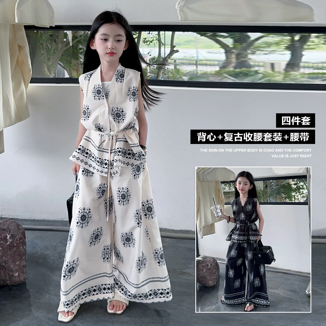 女童夏季无袖套装2025新款儿童法式度假风宽松复古阔腿裤显瘦夏装