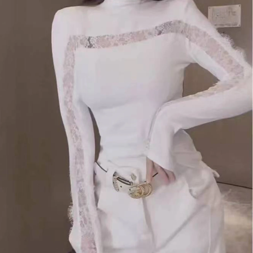 【月姐家】韩系半高领蕾丝加绒磨毛长袖T恤女2025秋冬新款百搭上衣