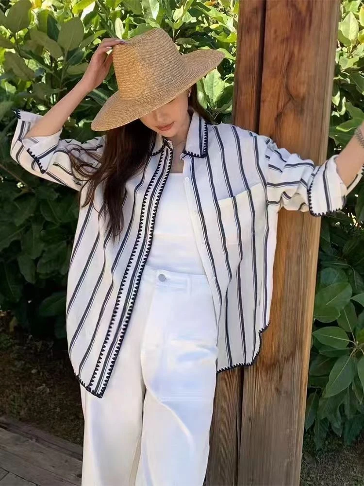 （老板娘倩姐）黑白条纹百搭休闲亚麻衬衫