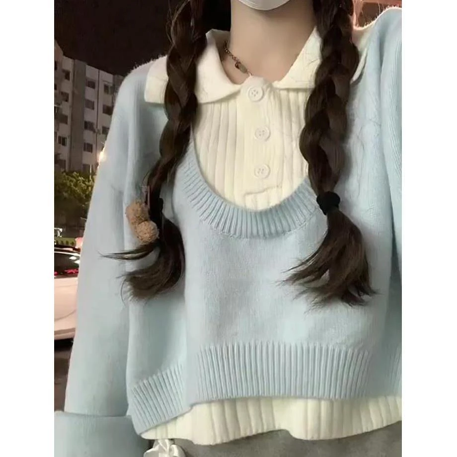 学院风短款韩系毛衣秋冬高腰两件套针织衫polo领上衣新款女装套装