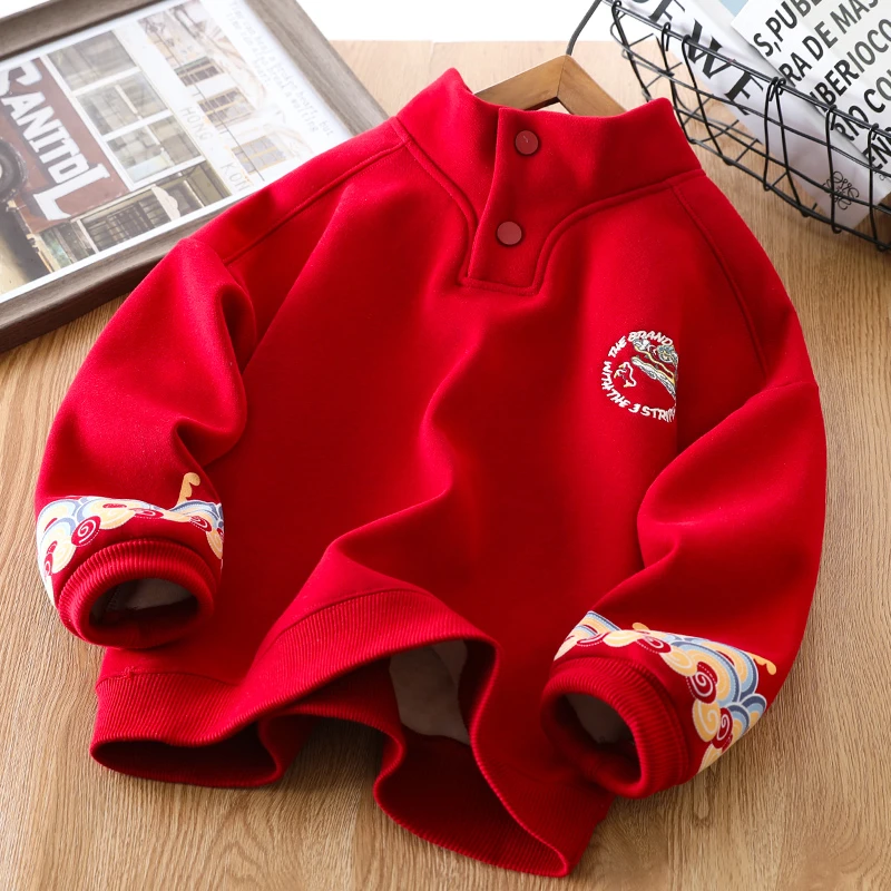 儿童红色加绒卫衣冬款2025新款蛇年红色半高领衫男女童年服中大童