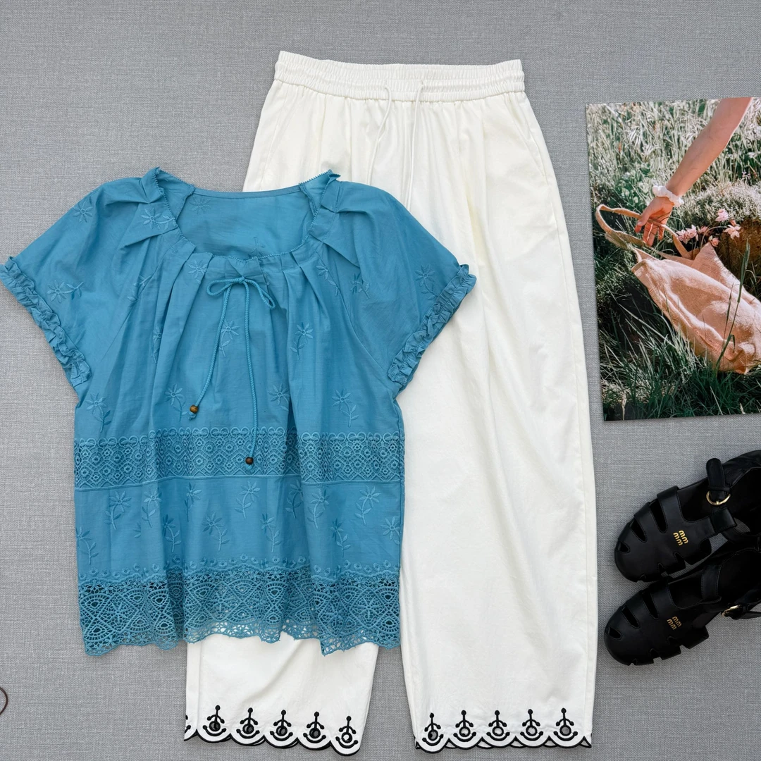 领口系带下摆镂空钩花短袖小衫