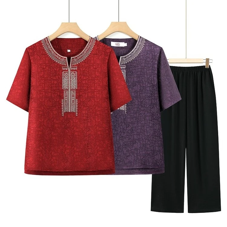 夏季新中式短袖两件套中老年大码女装妈妈装加肥加大妈妈装夏季