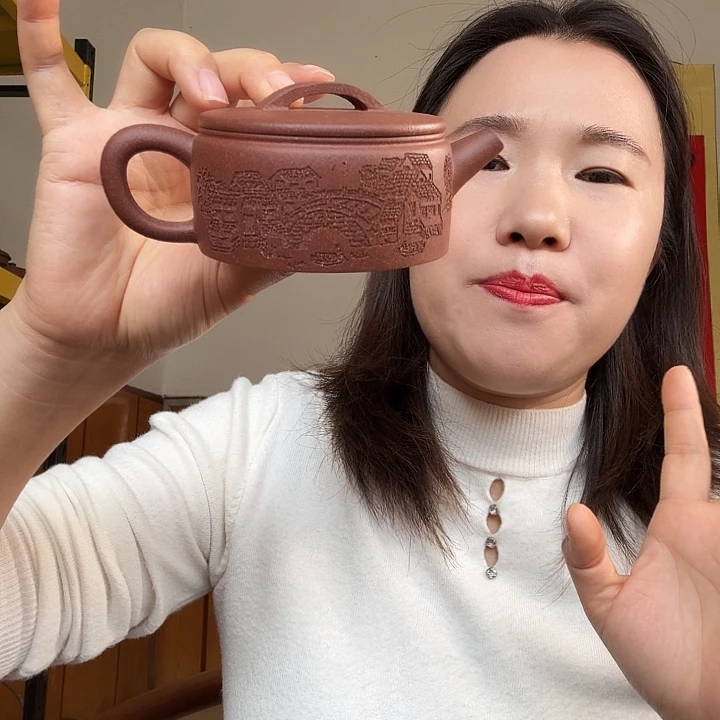 茶壶紫砂紫泥刻绘汉瓦150cc