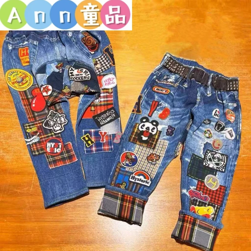 【YB 黑超】B966彩虹格子仿牛仔裤25秋冬纯棉毛圈儿童长裤