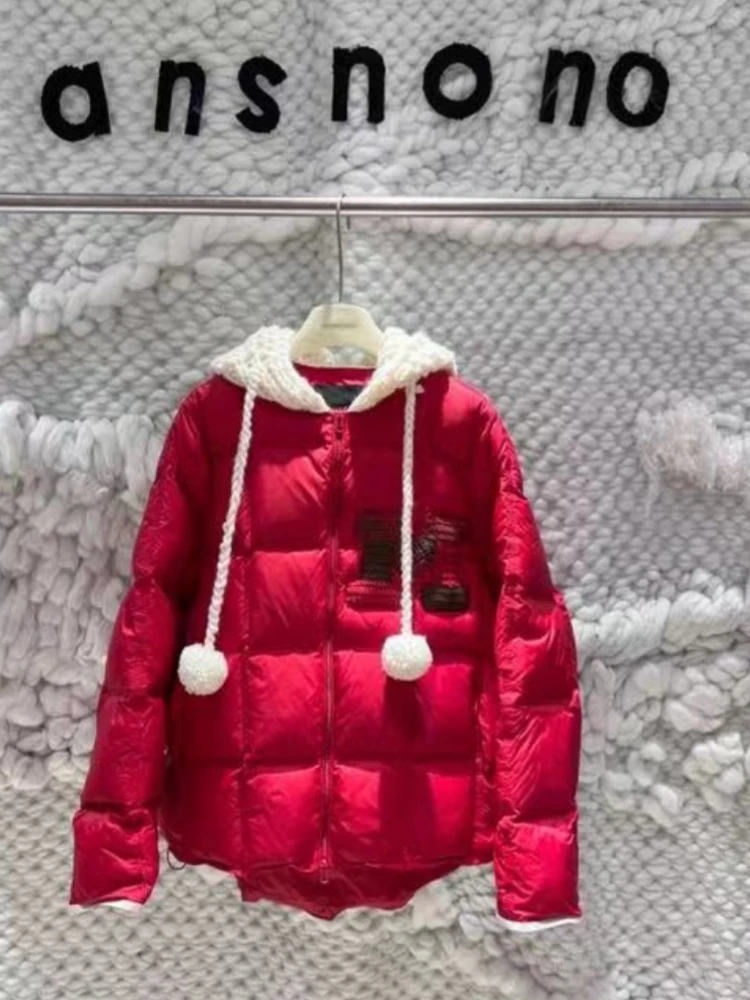 【济州岛】ansnono漫画家 针织连帽拼接短款羽绒服