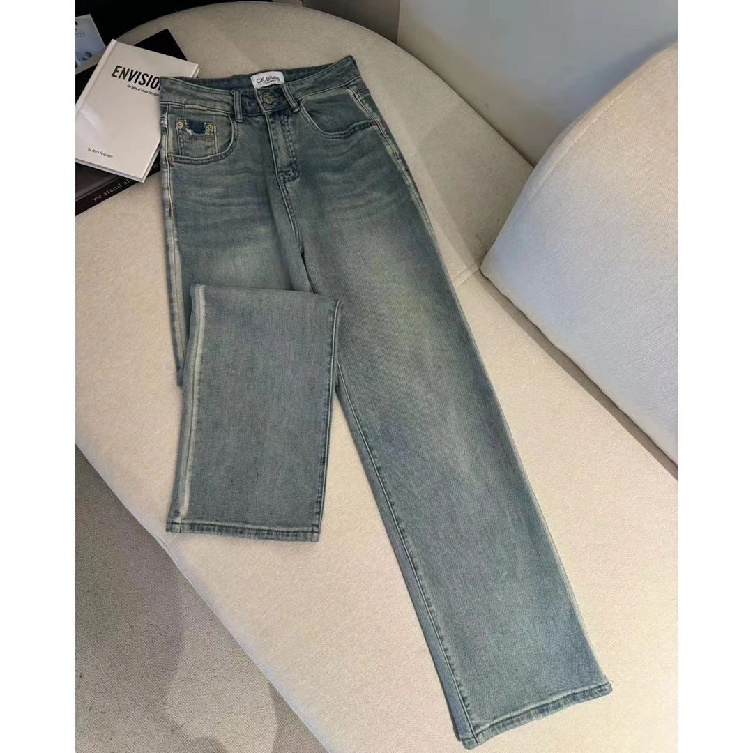 【萍萍推荐】夏季 高腰后口袋剪破窄版阔腿直筒裤 浅色系牛仔