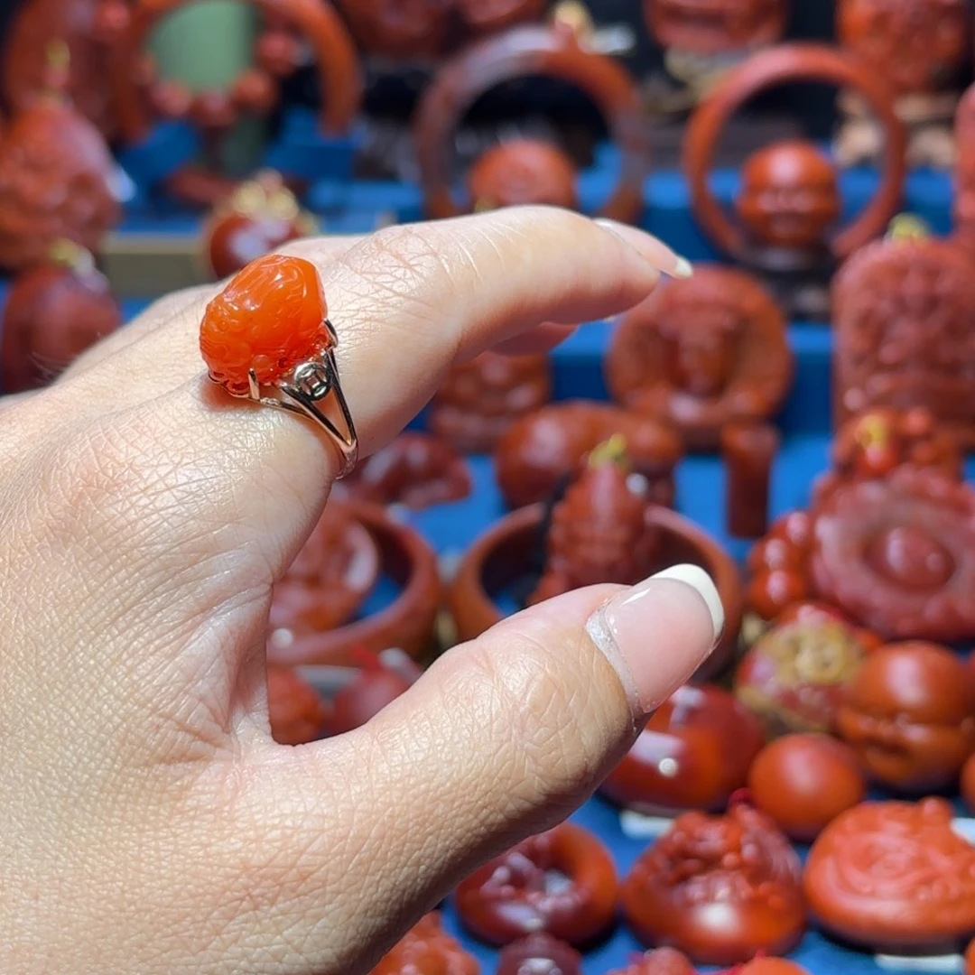 银S925镀金镶嵌雕刻南红玛瑙