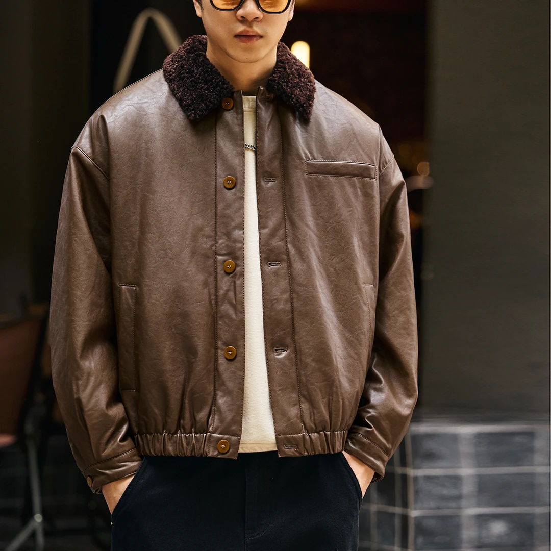 格蓝鹿高端植鞣皮羊羔绒加厚棉服男秋冬潮牌克服加绒PU皮衣外套男