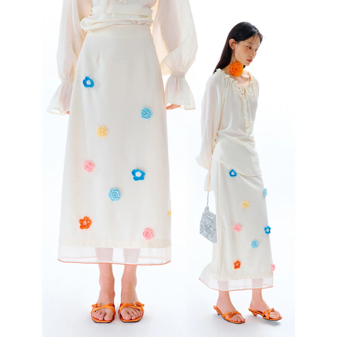 uare原创设计 撒一把小花 立体手钩花彩色欧根纱半身裙P84N18801