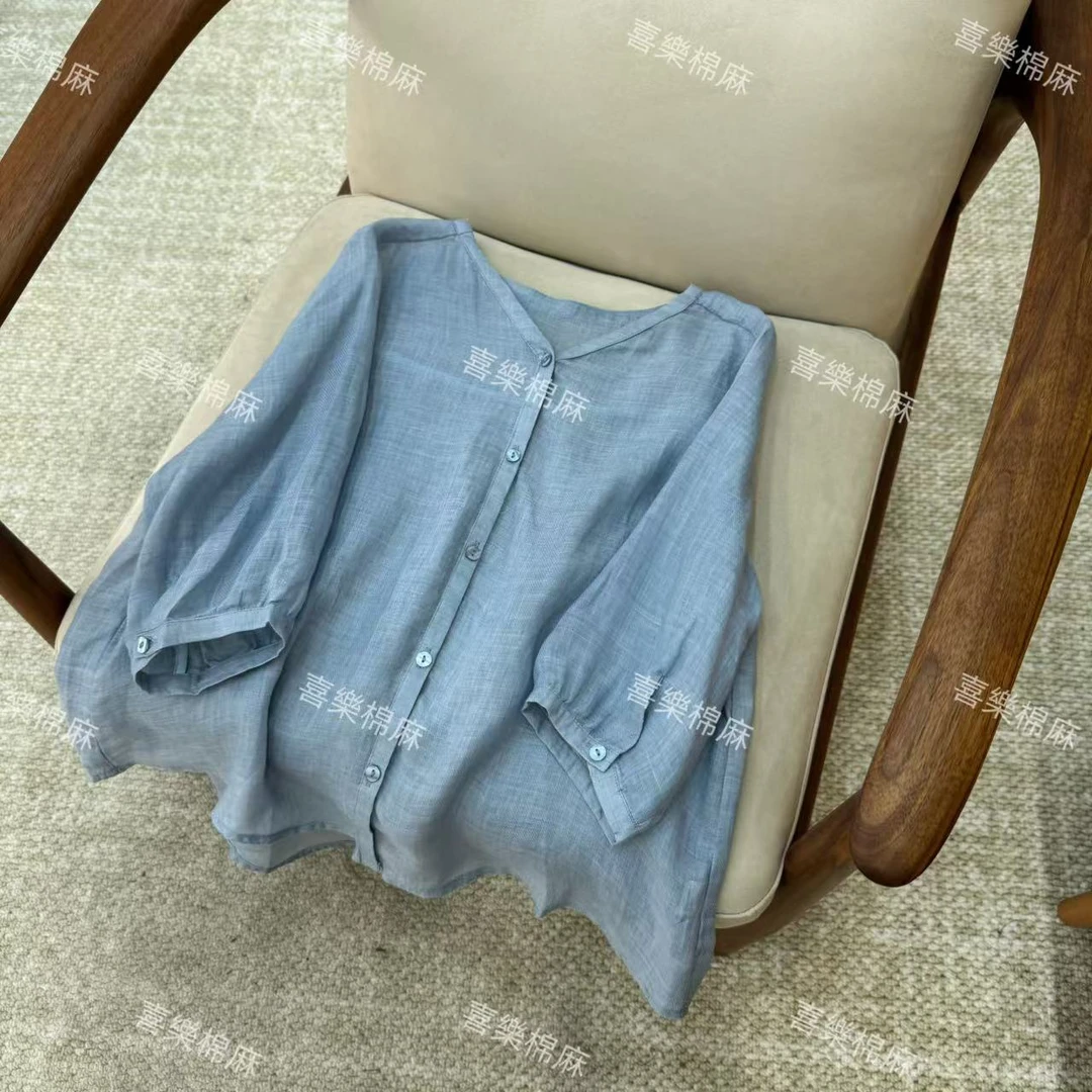 喜樂    2025斜纹苎麻纯色V领衬衫夏季新款时尚百搭女士文艺上衣