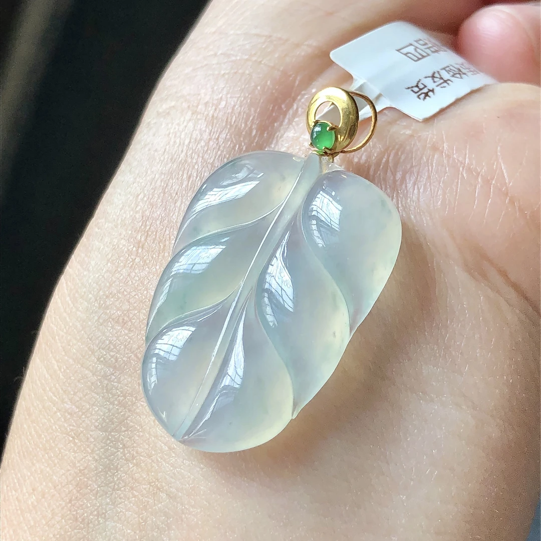 缅甸天然A货翡翠18k金镶嵌老坑冰种金枝玉叶吊坠裸石28/20.5/4
