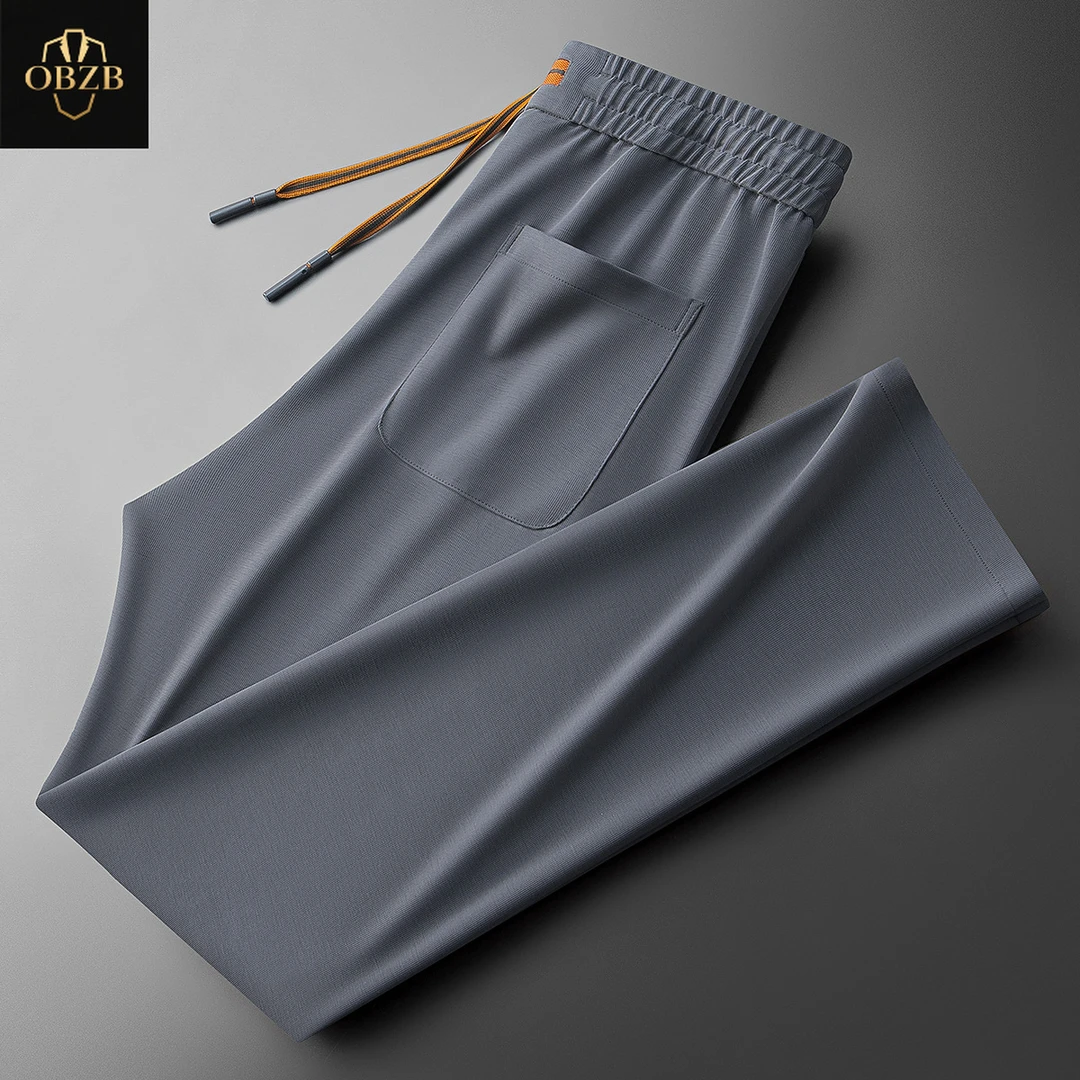 夏季高端奢华抗皱冰丝雅赛尔运动裤子男士纯色微阔直筒休闲裤男款