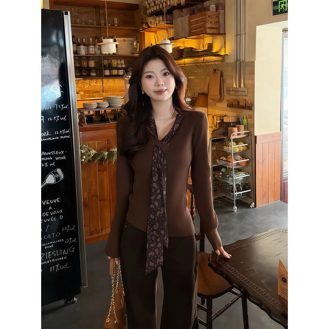 韩版纯欲辣妹V领丝巾长袖针织衫女秋冬新款气质修身显瘦内搭上衣