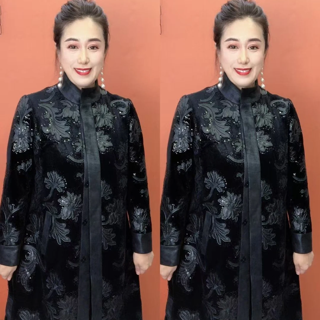 天津903-1烫金花中长款翻领提花加衬里时尚宽松大码风衣外套