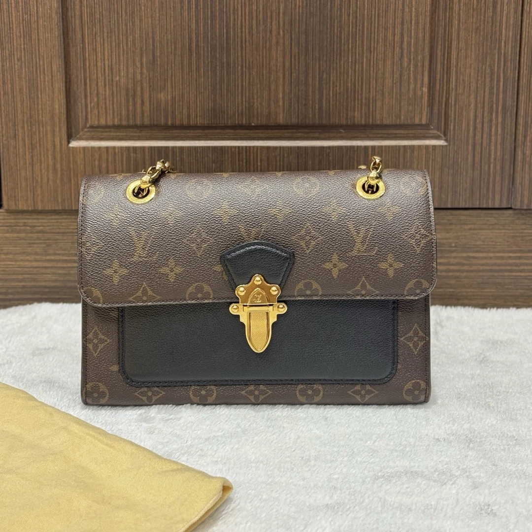 95新 LouisVuitton/路易威登 维多利亚老花拼黑单肩包/二奢