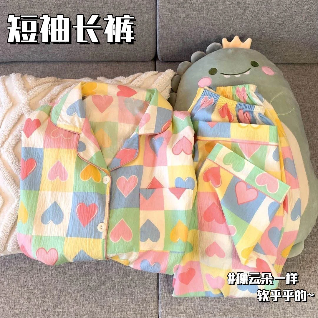 夏季新款儿童宝宝睡衣女公主风中大童开衫翻领薄款短袖长裤家居服