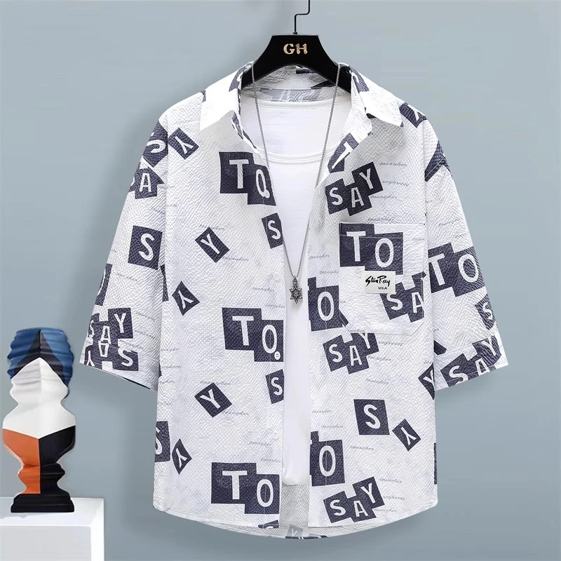 全身字母印花衬衫男短袖青少年潮牌痞帅七分袖衬衣速干五分袖外套