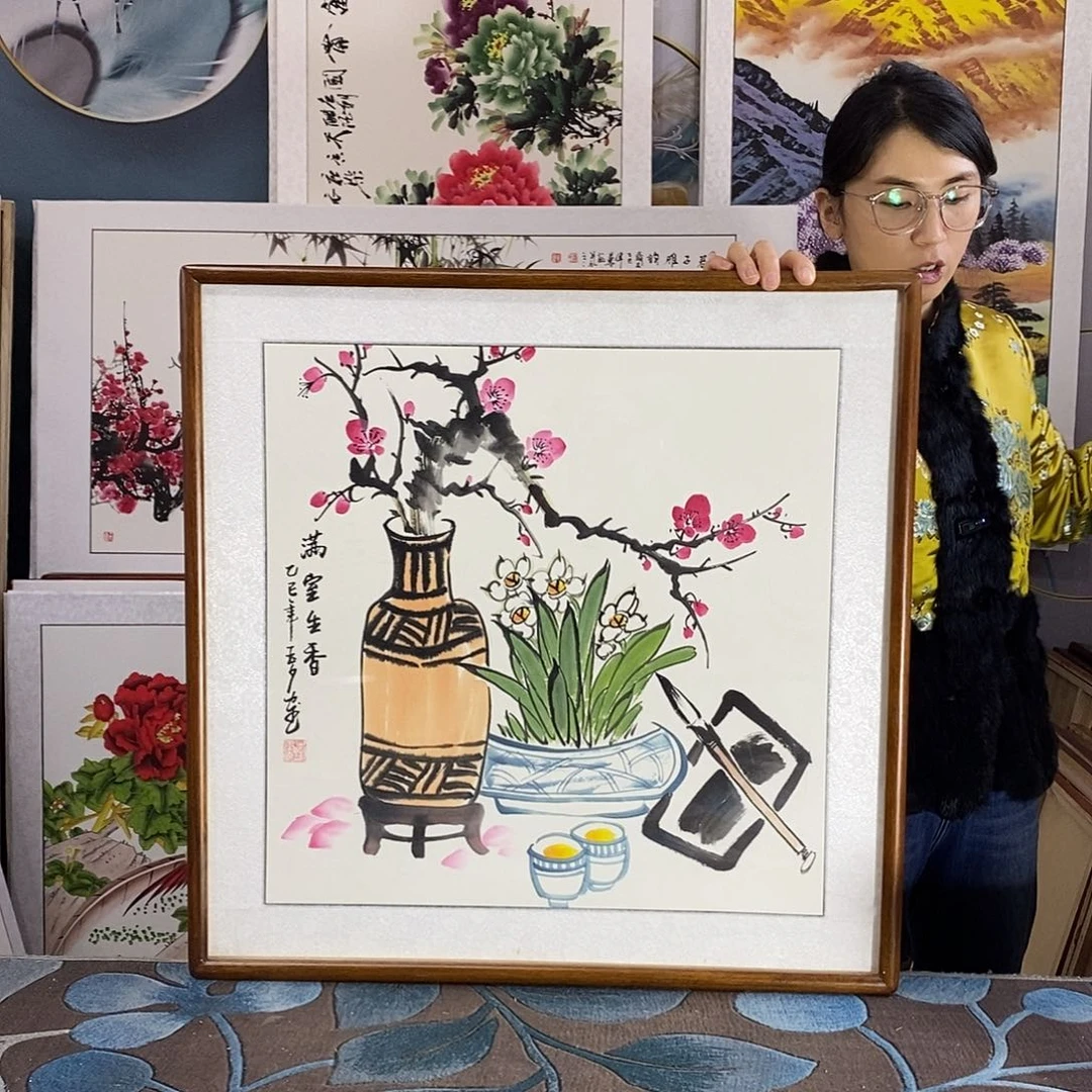 国画手写手绘国画作品带框包邮62✖️62